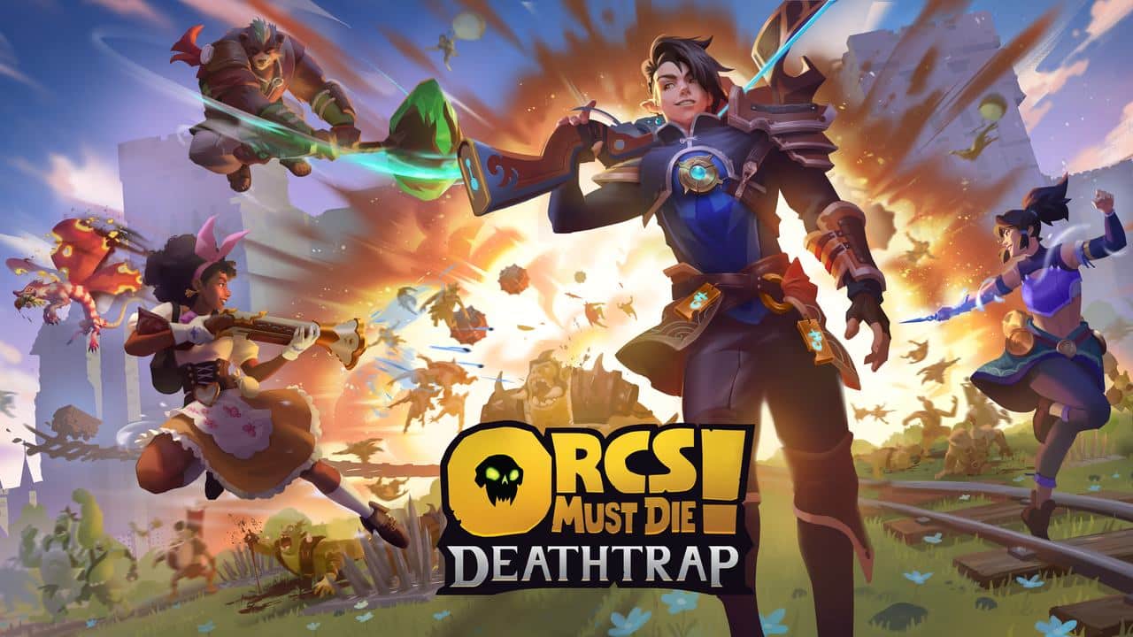 In a vibrant landscape, characters wield weapons as they confront foes in the thrilling world of Orcs Must Die! Deathtrap.