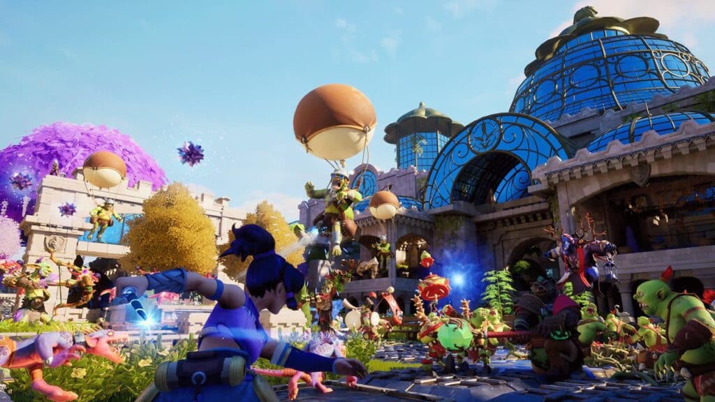 In a colorful fantasy scene, animated characters from Orcs Must Die! engage in lively action near a domed building surrounded by vibrant foliage, as if poised to spring a clever Deathtrap.