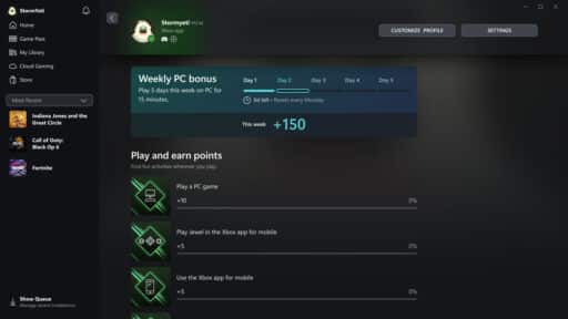 Gaming interface displaying weekly PC bonus and play-and-earn points for activities.