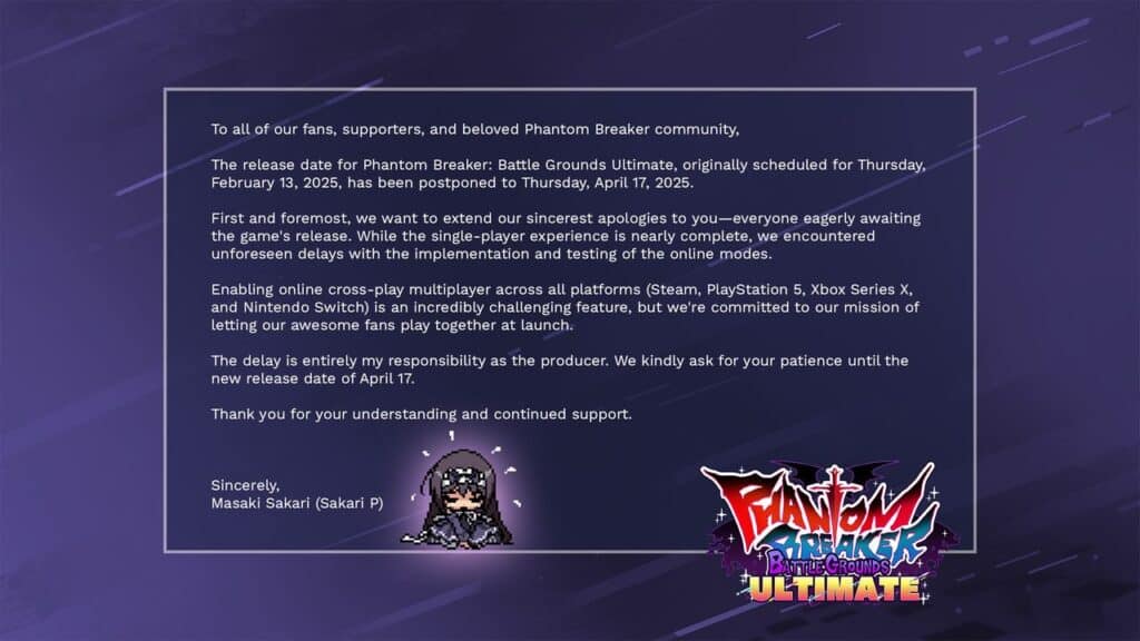 Announcement text on a purple background about the Phantom Breaker: Battle Grounds Ultimate delay, featuring a pixel art character.