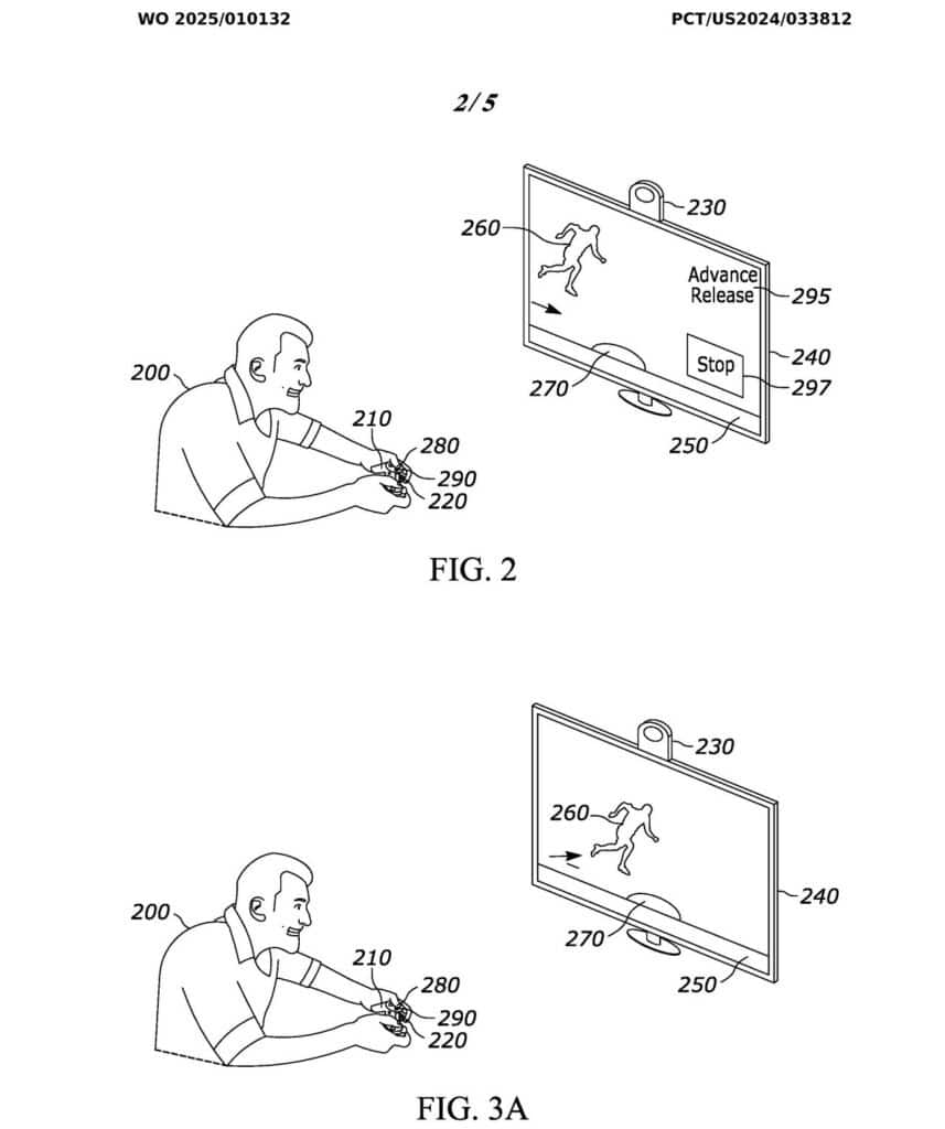 A person is using a syringe device, interacting with a screen that displays a running figure. The screen features buttons labeled "Advance Release" and "Stop," reminiscent of the precision found in PlayStation’s patent for input timing.