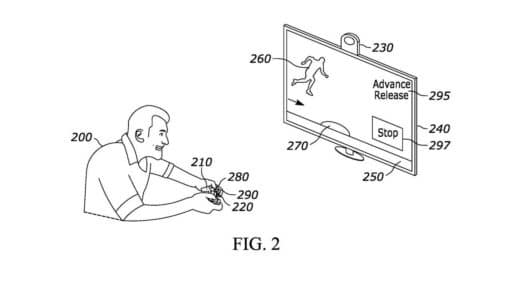 Illustration of a person using a gaming console with a screen displaying options: "Advance Release" and "Stop," potentially inspired by a PlayStation patent for input timing that optimizes gameplay experience.