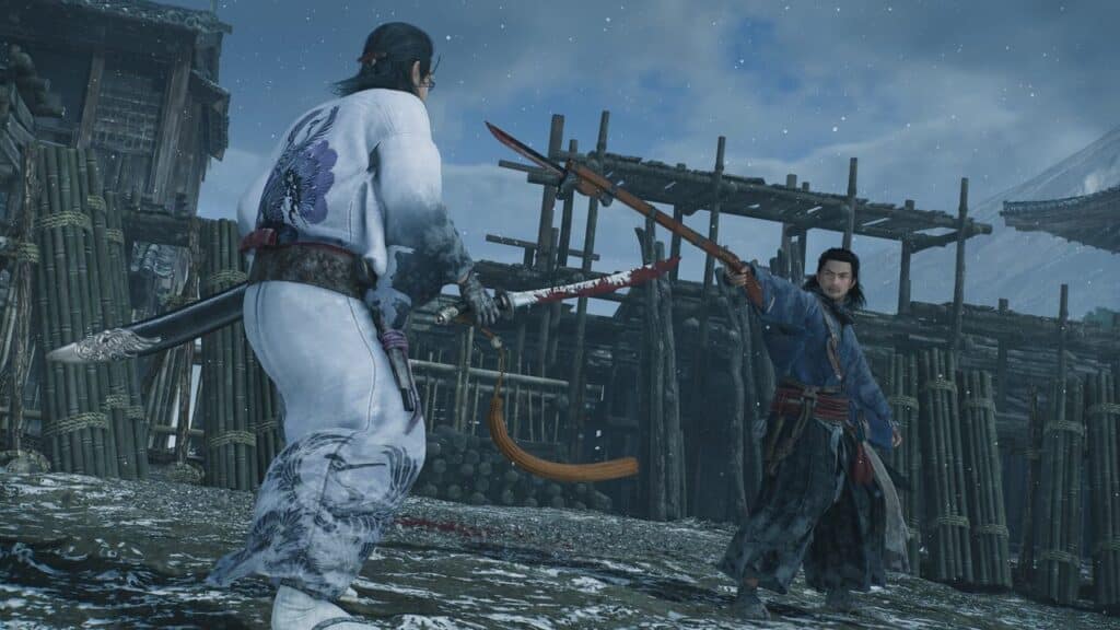 In the snowy, wooden fort setting, two warriors face off with weapons drawn, reminiscent of a scene from Rise of the Ronin, soon arriving on Steam.