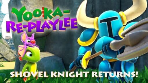 Colorful lizard and bat with a blue armored knight holding a shovel; text reads "Yooka Re-Playlee, Shovel Knight returns for another adventure!.