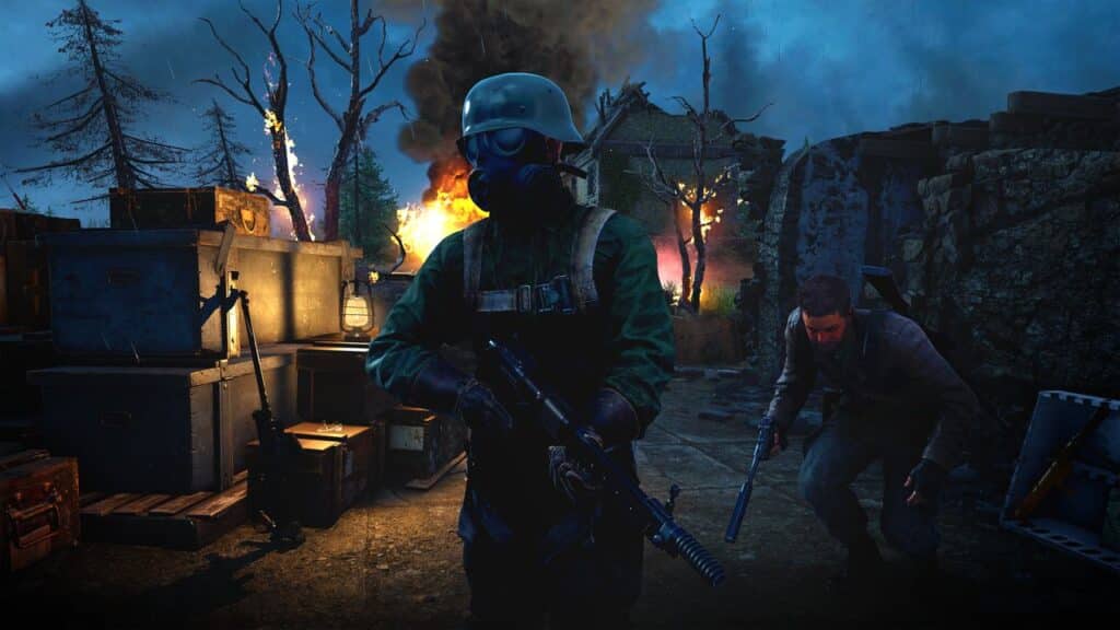 In a gripping scene reminiscent of Sniper Elite: Resistance, two armed figures stand poised amidst chaos. One dons a gas mask as flames flicker against the ominous darkened sky, setting a tense and dramatic backdrop.