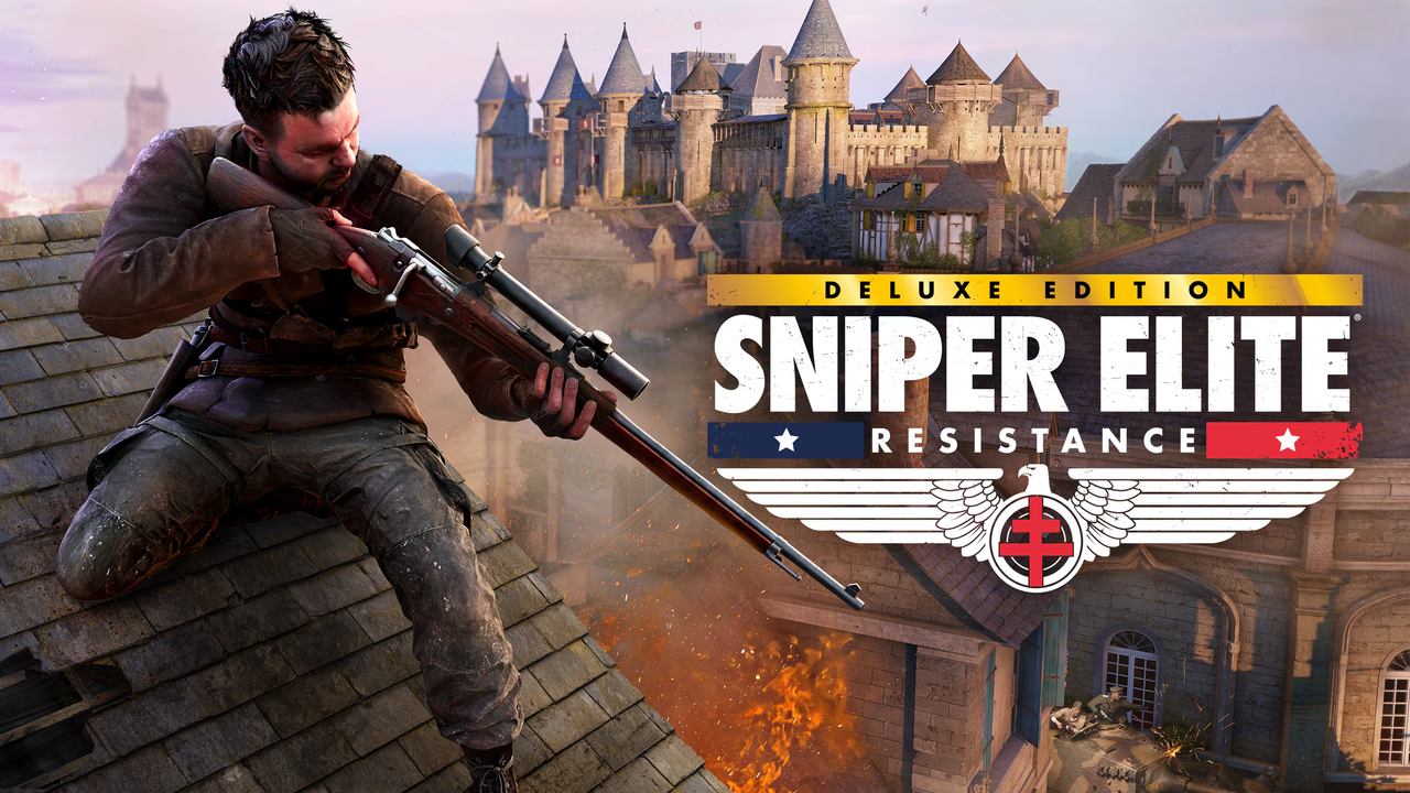 Person with a rifle on a rooftop, castle in the background, "Sniper Elite: Resistance Deluxe Edition" text beside them.