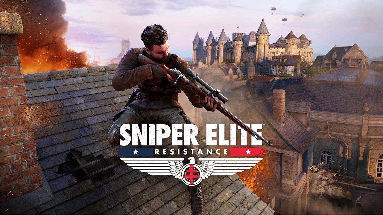 A sniper from the elite resistance positions himself on a rooftop amid a wartime landscape, with the silhouette of a castle looming in the background. Text: Sniper Elite: Resistance.