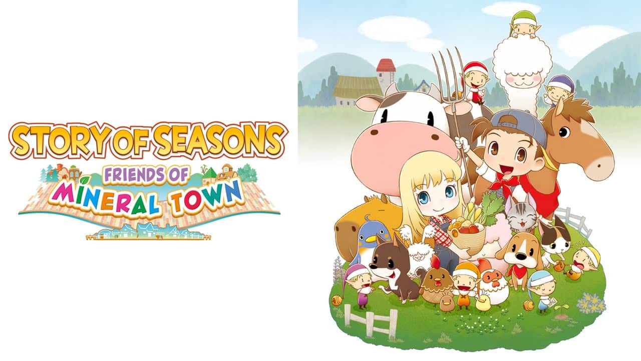 A vibrant cartoon illustration captures the enchanting world of "Story of Seasons: Friends of Mineral Town," where beloved characters and cheerful animals thrive together in a delightful farm setting.