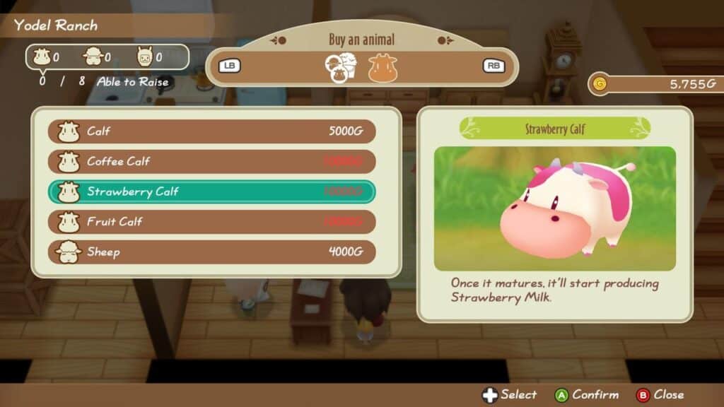 In the game screen of Story of Seasons: Friends of Mineral Town, a selection menu for buying animals features a whimsical "Strawberry Calf" priced at 10,000G.