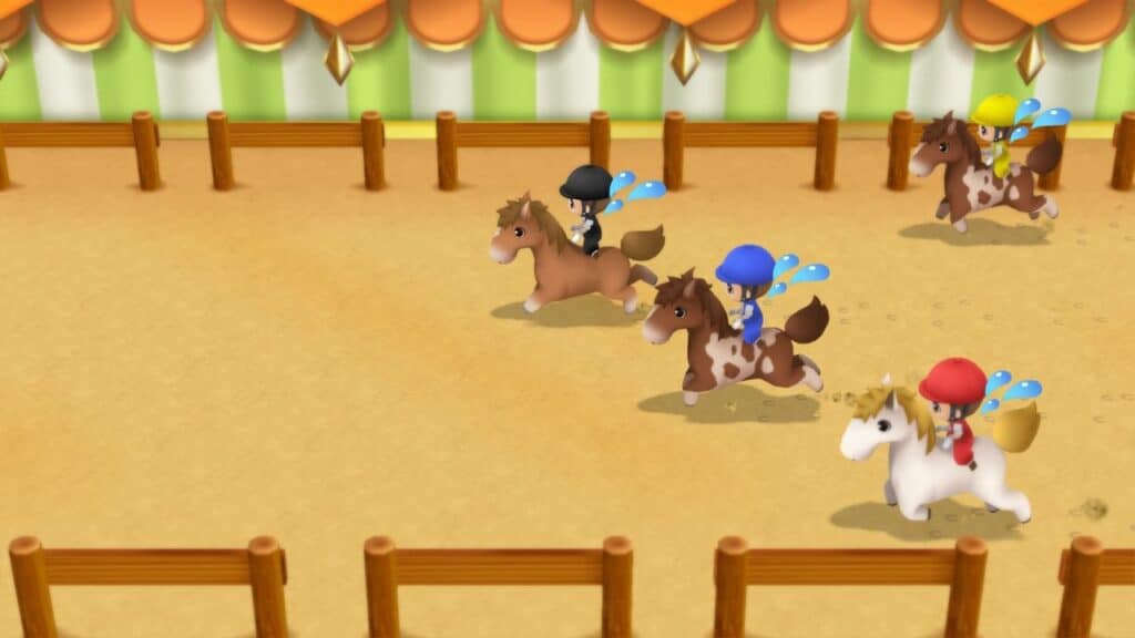 In the vibrant world of Story of Seasons: Friends of Mineral Town, animated characters on horseback participate in a lively race within a fenced, sandy arena.