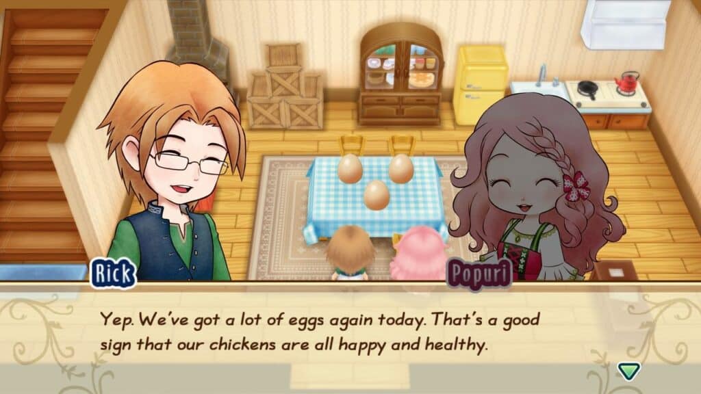 In a cozy kitchen, Rick and Popuri, characters from Story of Seasons: Friends of Mineral Town, chat happily about the chicken eggs on the table.