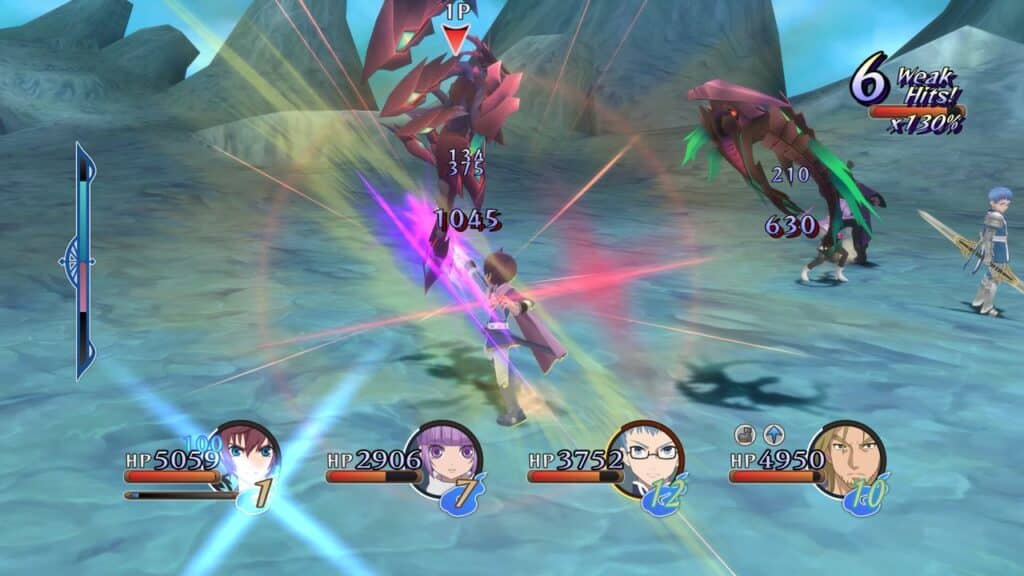 In a thrilling video game battle reminiscent of Tales of Graces f Remastered, characters clash with alien creatures on a rugged, rocky terrain, weaving strategy and skill into an epic showdown.