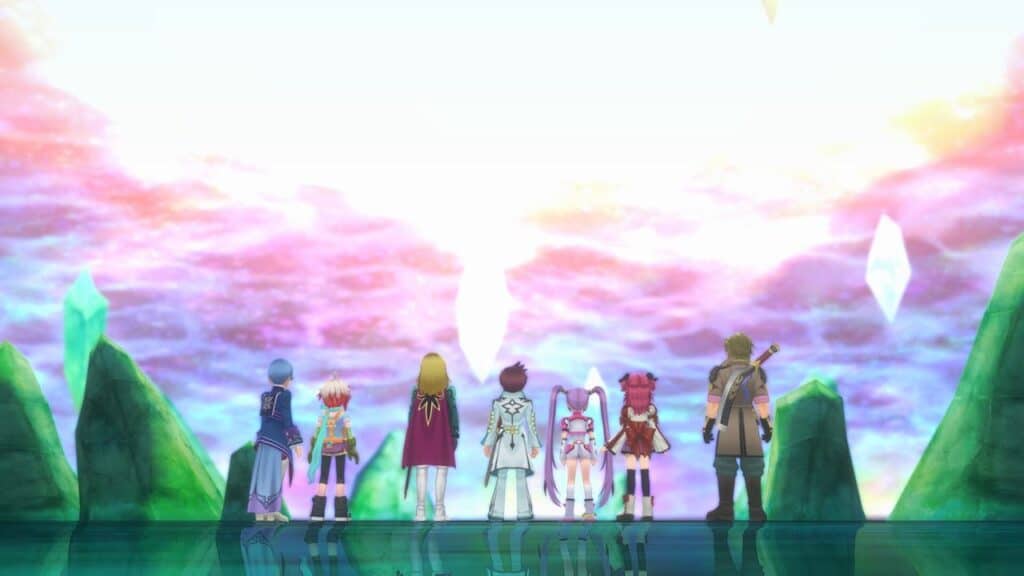 Seven characters from Tales of Graces f Remastered stand on a reflective surface, gazing at a colorful sky with floating crystals.