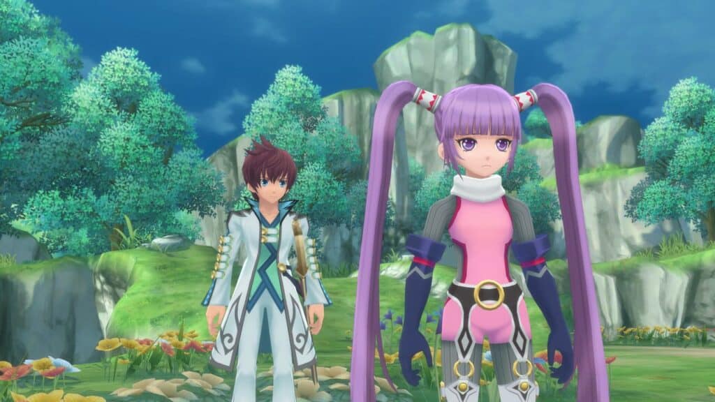 Two anime characters stand in a vibrant, colorful landscape with trees and flowers, reminiscent of the enchanting worlds in Tales of Graces f Remastered.