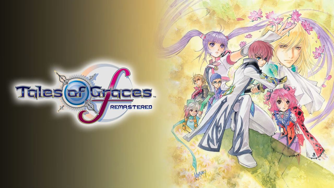 Anime-style characters posed around a logo for "Tales of Graces Remastered" with a colorful background.