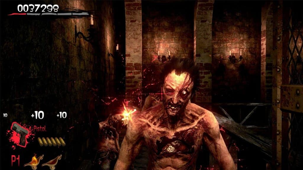 In a dimly lit room, a grotesque zombie lunges forward as game score and ammo flicker on the screen, reminiscent of the chilling action in The House of the Dead 2: Remake.