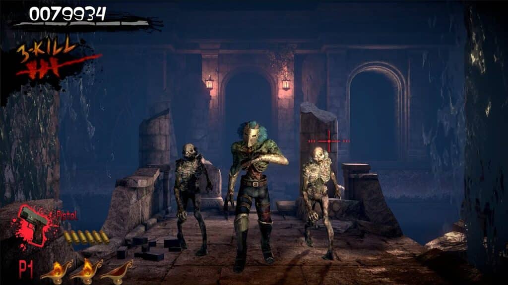 In a dark, ancient ruin reminiscent of The House of the Dead 2: Remake, a character battles skeletons, navigating the eerie corridors with score and health indicators displayed at the top and bottom.