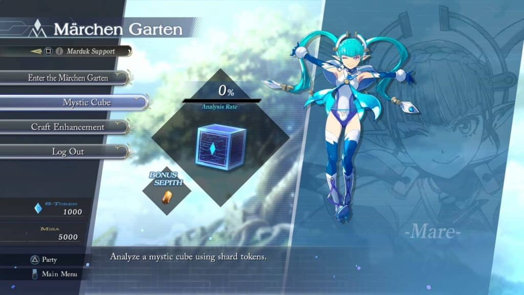 On the game menu screen, a character in a blue outfit stands ready for adventure. Menu options invite you to "Enter the Märchen Garden" or explore the "Mystic Cube," setting the stage for your journey in Trails Through Daybreak II.