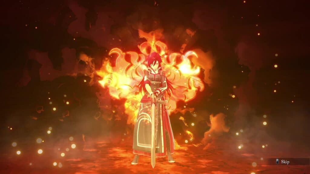 Amidst the blazing battlefield, a warrior in fiery armor stands, sword in hand and engulfed by a glowing battle aura. It feels as if he has stepped out of Trails Through Daybreak II, embodying a fearless hero surrounded by flames.