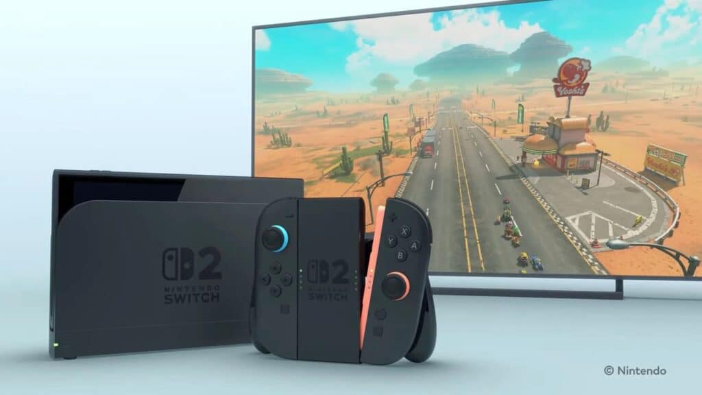 Nintendo Switch console and controllers in front of a screen displaying a road racing game scene, hinting at potential Xbox support for Nintendo Switch 2, promising an exciting future for gaming enthusiasts.