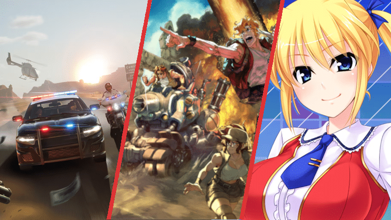 Three video game scenes: police chase, military action, and anime character in uniform.