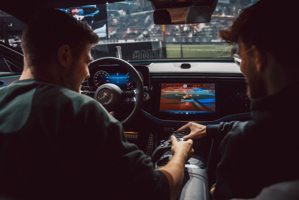 Passengers enjoy Boosteroid cloud gaming in a Mercedes-Benz vehicle