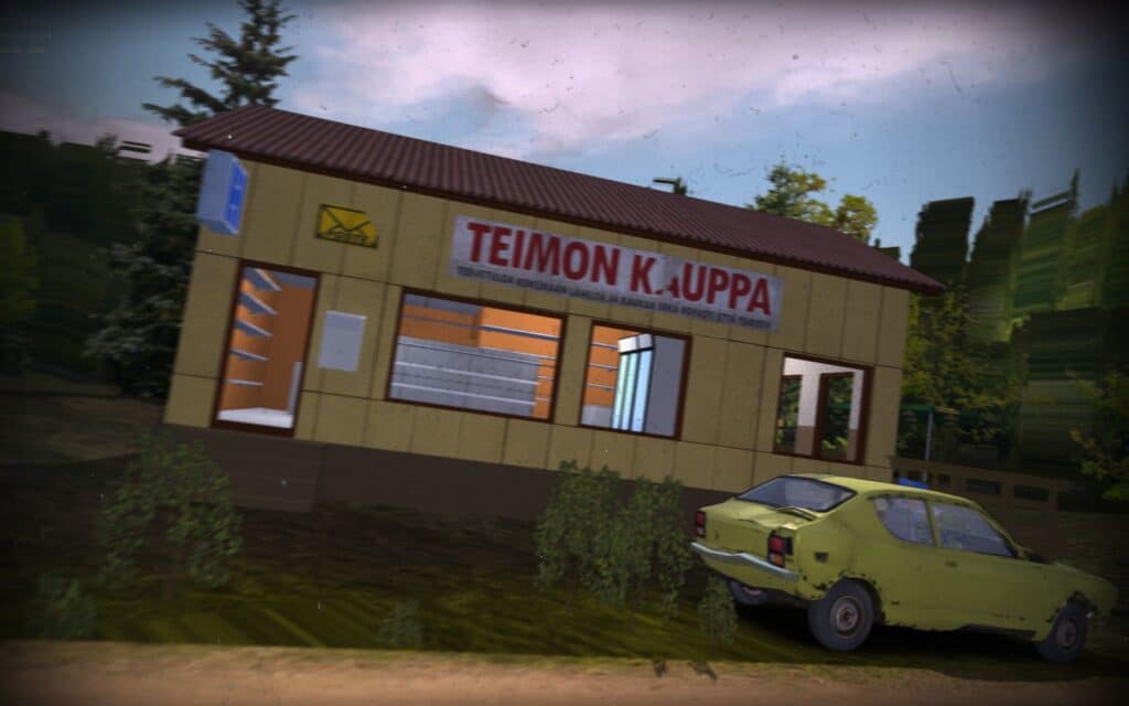 Nestled among the trees, this small wooden shop with its charming sign stands proudly, with a green car parked in front, as if waiting for a whimsical car game to unfold in this serene setting.