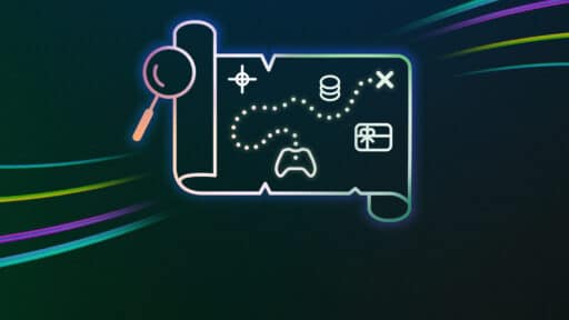 Neon-style treasure map with a magnifying glass, game controller, and database icons on a dark background.