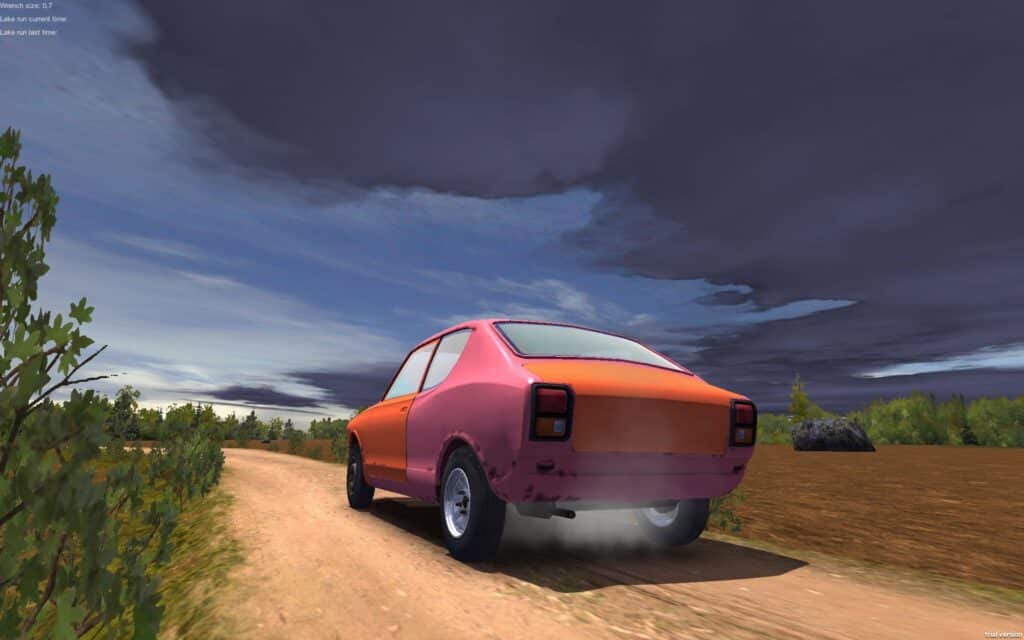 In my summary of a thrilling car game, an orange car expertly navigates a dirt road under a cloudy sky.