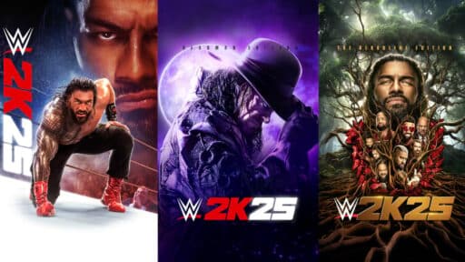 Three WWE 2K25 game covers featuring wrestlers in dynamic poses with diverse backgrounds.