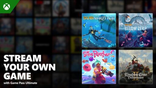 Xbox Game Pass Ultimate promo with game covers: Subnautica, Subnautica Below Zero, Slime Rancher 2, Kingdom Come.