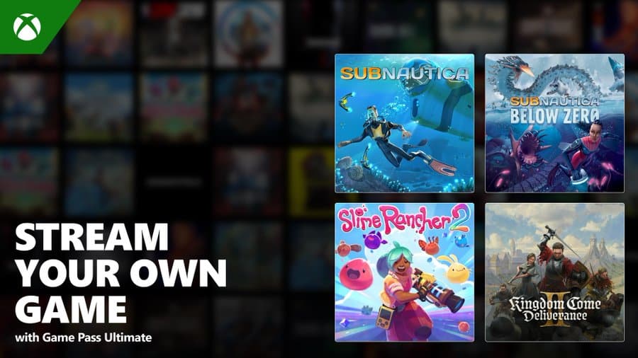 Xbox Game Pass Ultimate promo with game covers: Subnautica, Subnautica Below Zero, Slime Rancher 2, Kingdom Come.