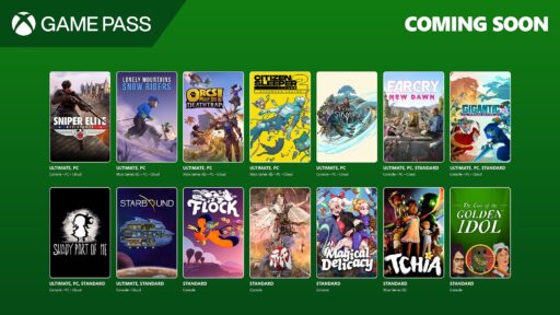 Game Pass upcoming games banner with diverse game cover art on a green background.