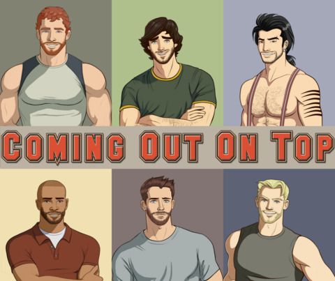 Illustration of six diverse male characters beneath the "Coming Out On Top" text, perfectly capturing the spirit of Valentine's Day games for singles.