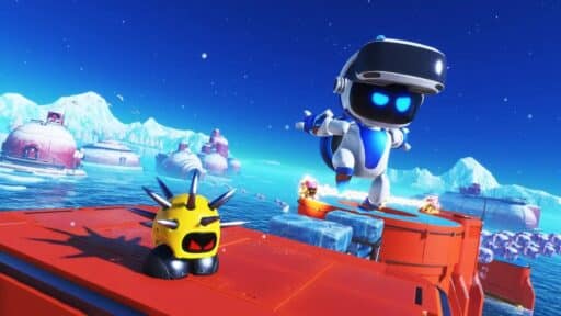 A robot with a virtual headset jumps over platforms in an icy landscape with a spiky yellow creature nearby.