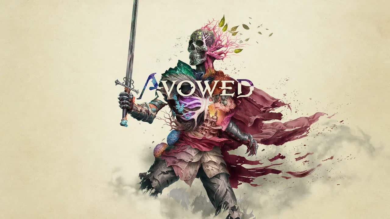 A skeletal knight entwined with vibrant vines stands resolute, brandishing a sword. The word "Avowed" is boldly emblazoned across the image, capturing a mystical fusion of life and decay.