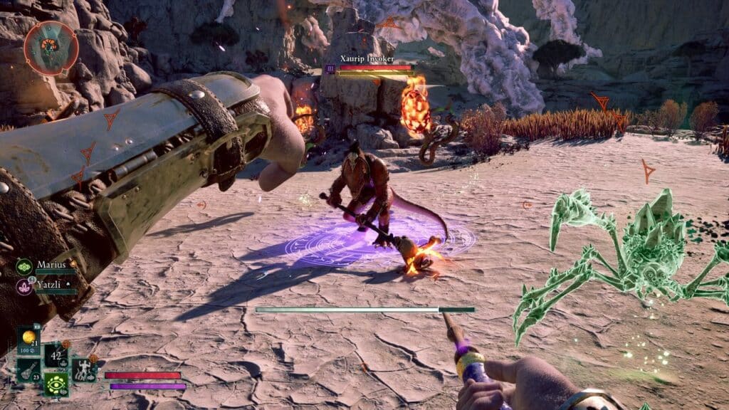 In the fantasy game Avowed, experience a first-person battle against a horned monster radiating purple energy, set amid challenging rocky terrain.