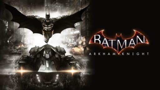 Batman: Arkham Knight soars over the Batmobile in a shadowy cityscape, the iconic logo glowing on the right.