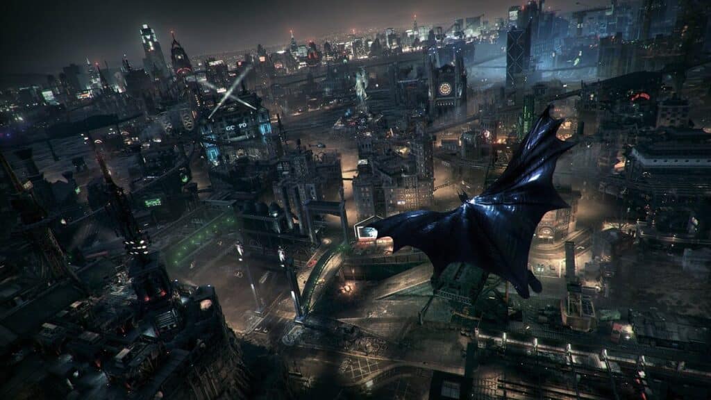 Dark, sprawling cityscape at night with a bat-shaped shadow soaring over illuminated buildings, reminiscent of the atmosphere in Batman: Arkham Knight.