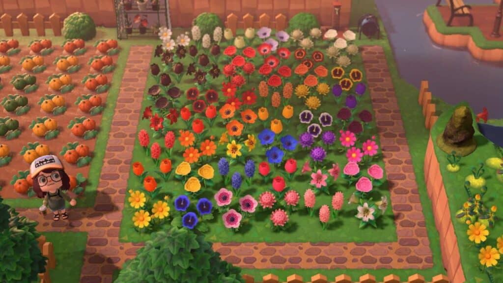 In a pixel-art style game perfect for playing with your girlfriend or boyfriend, immerse yourself in a vibrant garden filled with colorful flowers and pumpkins nestled near a serene waterway.