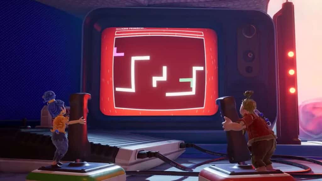 Two characters, perhaps a couple looking for video games to play with your girlfriend or boyfriend, engage in a retro video game using joysticks, facing a screen awash with charming pixelated graphics.