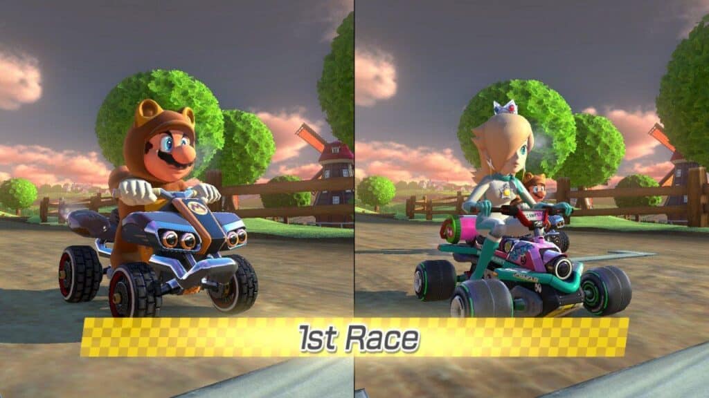 Two characters on karts are ready to race in "Mario Kart 8," with a "1st Race" banner displayed below—a perfect video game to play with your girlfriend or boyfriend for some fun competition.