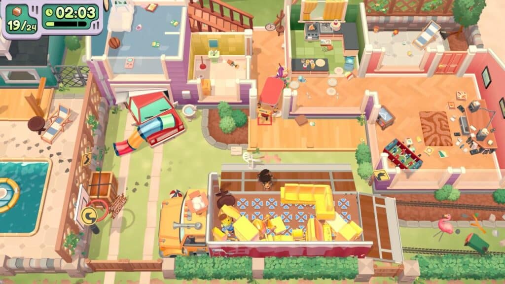 Top view of a colorful, messy house with furniture and boxes scattered, resembling a scene from video games to play with your girlfriend or boyfriend, while a timer shows 2:03.