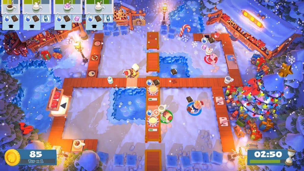 Dive into a winter-themed cooking game level perfect for video games to play with your girlfriend or boyfriend. Characters prepare dishes on a snowy landscape, beautifully adorned with twinkling lights. Enjoy the festive vibes and teamwork as you whip up culinary delights together!.