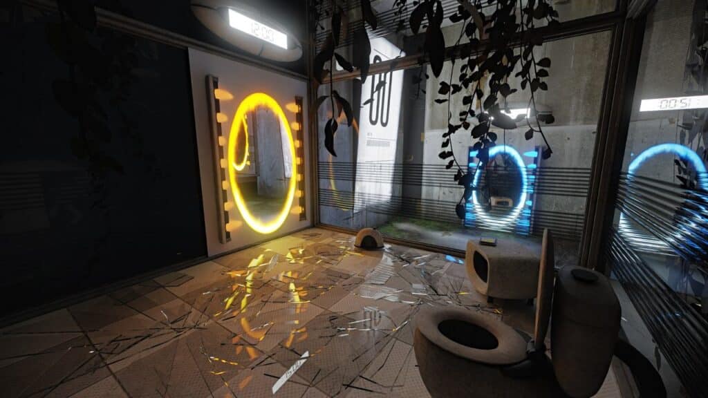 In this futuristic room, glowing orange and blue portals adorn the walls like a scene from your favorite video games to play with your girlfriend or boyfriend, while broken glass and scattered debris add an element of edgy chaos.