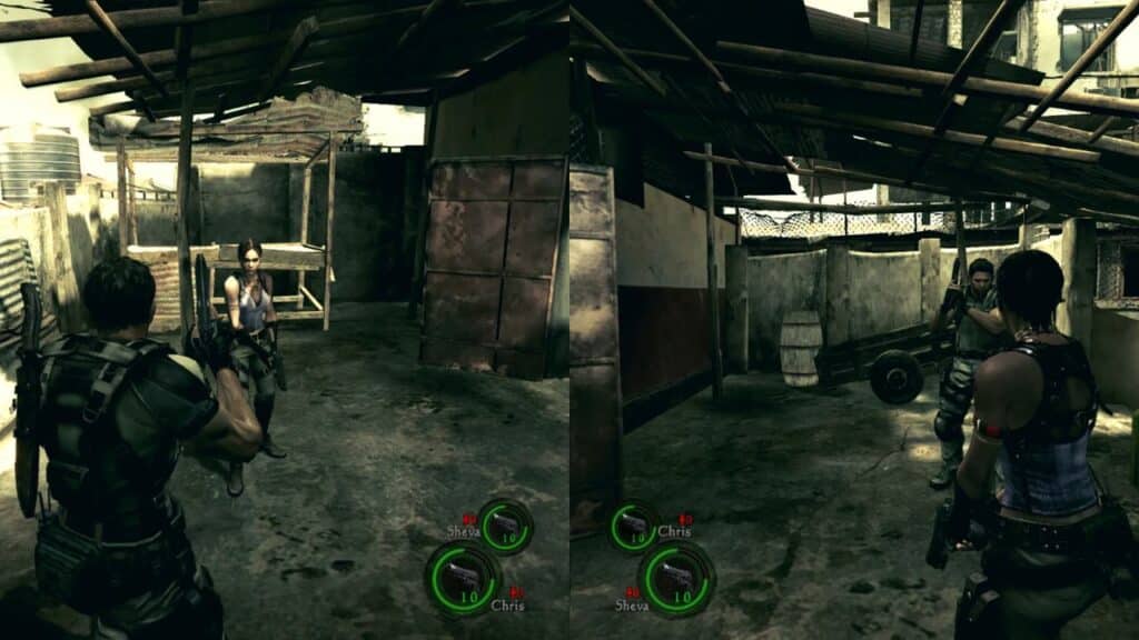 Split-screen game perfect for playing with your girlfriend or boyfriend, featuring two characters aiming guns in an outdoor urban setting with debris and wooden structures.