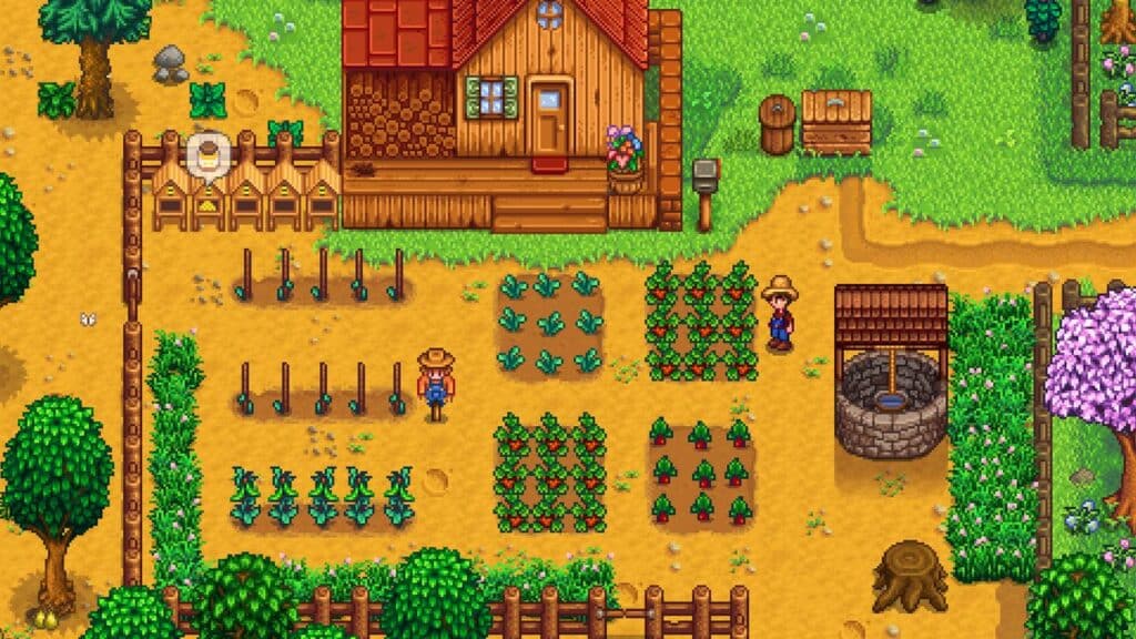 This pixel art farm scene, reminiscent of cozy video games to play with your girlfriend or boyfriend, features abundant crops, a charming wooden house, two endearing figures, and a quaint well nestled amid lush grass and trees. .