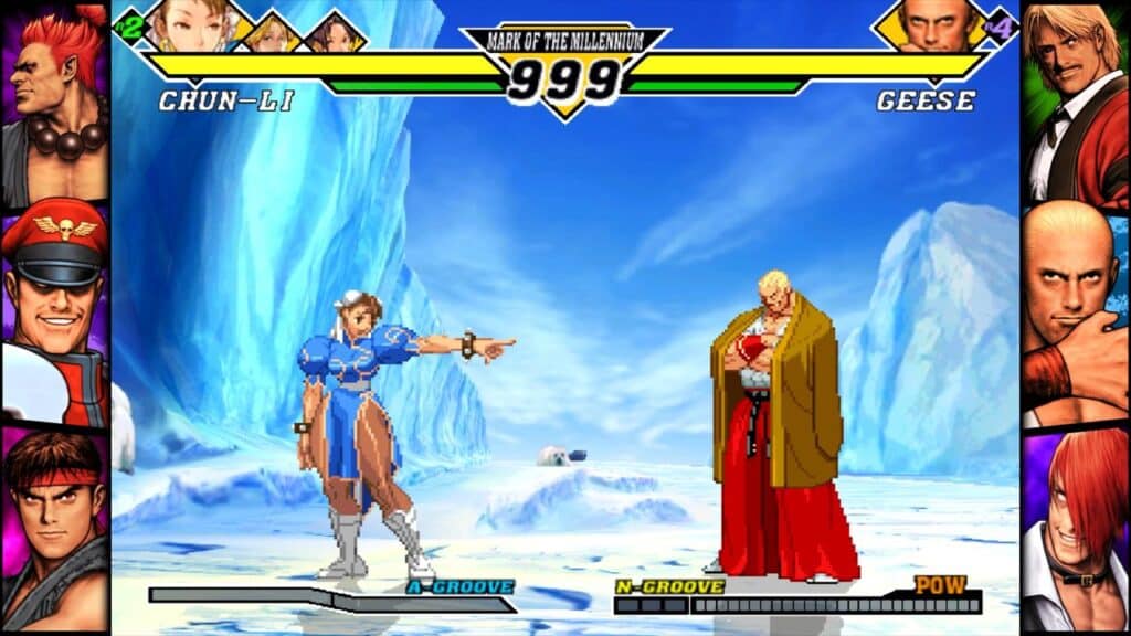 In a Capcom Spotlight showdown, Chun-Li confronts Geese in a snowy landscape, framed by character portraits on the sides.