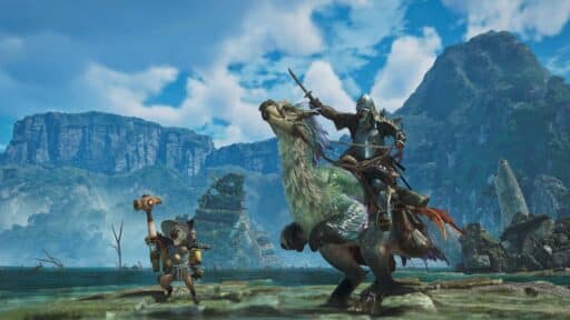 In a scene reminiscent of a Capcom Spotlight moment, a knight rides a bird-like creature, his steadfast companion at his side, navigating through the rugged mountainous landscape under the vast expanse of a blue sky.