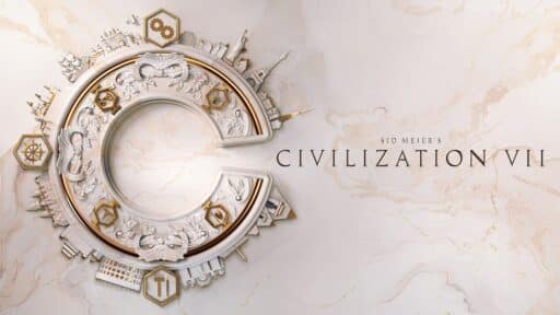 A stylized "C" adorned with iconic landmarks represents "Sid Meier's Civilization VII" against a luxurious marble-textured background, embodying the grandeur of this beloved series.